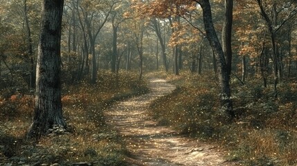 Fototapeta premium A winding dirt path stretches into a hazy forest. 