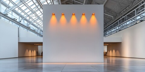 A towering white wall with four warm orange spotlights in a spacious gallery with open ceilings and polished stone tiles.