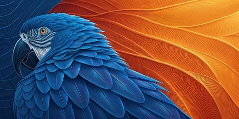 Obraz premium Vibrant Blue Macaw Illustration with Dynamic Orange Background and Textured Feather Details