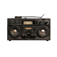 Vintage boombox with worn-out exterior, cassette player, and radio tuner, capturing the retro music culture of the 1980s in a detailed composition