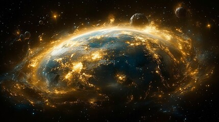 Fototapeta premium Illustration of a bright glowing planet against a dark starry background. 