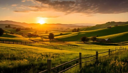 Obraz premium Idyllic countryside morning with sunlit meadows, winding fences, and a peaceful farm