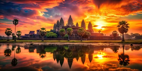 Obraz premium Angkor Wat Sunrise: Double Exposure Masterpiece - Mystical Cambodian Temple
