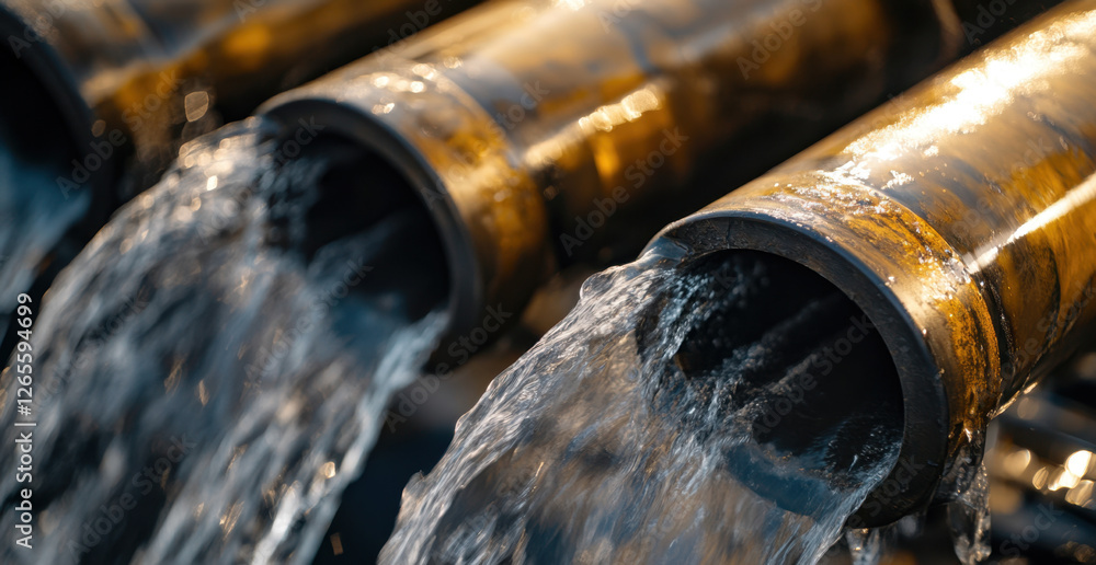 Poster water streams from metallic pipes in an industrial setting, showcasing efficient use of resources in