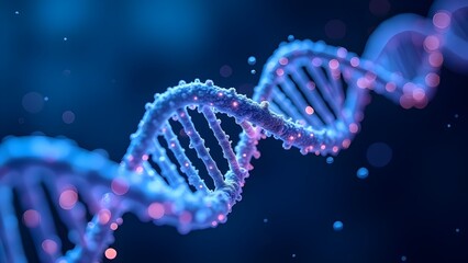 Detailed 3D rendering of a glowing DNA strand, representing genetics and molecular biology research. blurred background