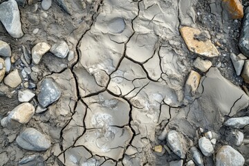 Cracked riverbed landscape dry environment nature photography parched earth and stones aerial view of cracked terrain revealing the effects of drought on natural ecosystems