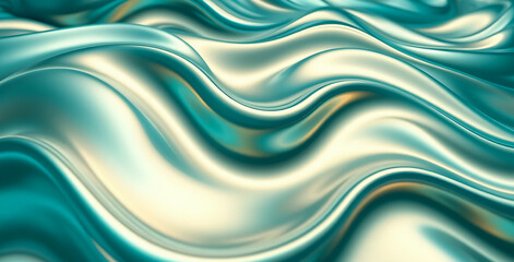 Fototapeta premium Abstract fluid art with vibrant teal and gold iridescent waves, glossy reflective surface, modern liquid light energy motion design