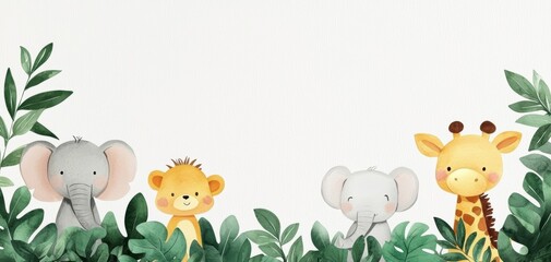 Naklejka premium Hand-painted baby safari animals in a jungle-themed frame, soft watercolor strokes, lush green leaves, and a friendly elephant, cheerful and kid-friendly composition