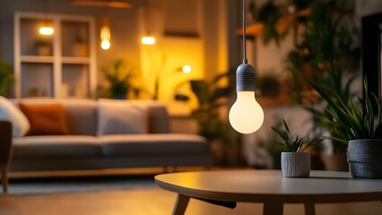 A cozy living room with a hanging light bulb, a coffee table, plants, and a sofa, creating a warm atmosphere. Concept Cozy Living Room, Warm Atmosphere, Hanging Light Bulb, Indoor Plants