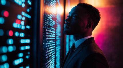 Cybersecurity expert in a dark-lit server room, standing confidently in front of a digital screen with binary code and data encryption graphics
