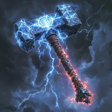 A colossal warhammer forged from storm-infused metal, with a jagged thundercloud head, glowing rune, spiked crystalline surface, and obsidian leather handle, capable of discharging electric blasts and