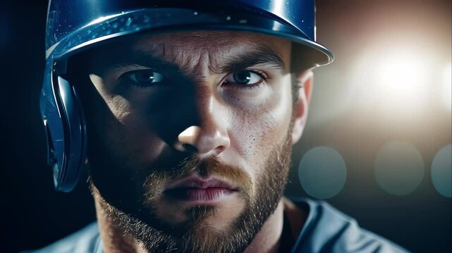 A close-up of a focused baseball player wearing a helmet, highlighting intense facial expressions and dramatic lighting.