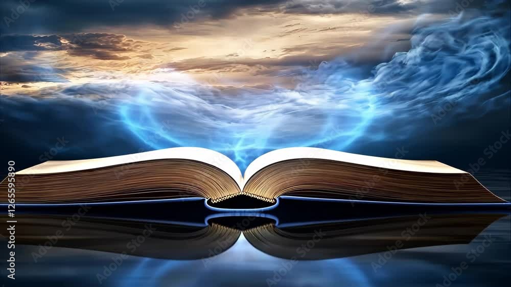 Poster an open book reflects light and clouds, creating a serene and mystical atmosphere around it.