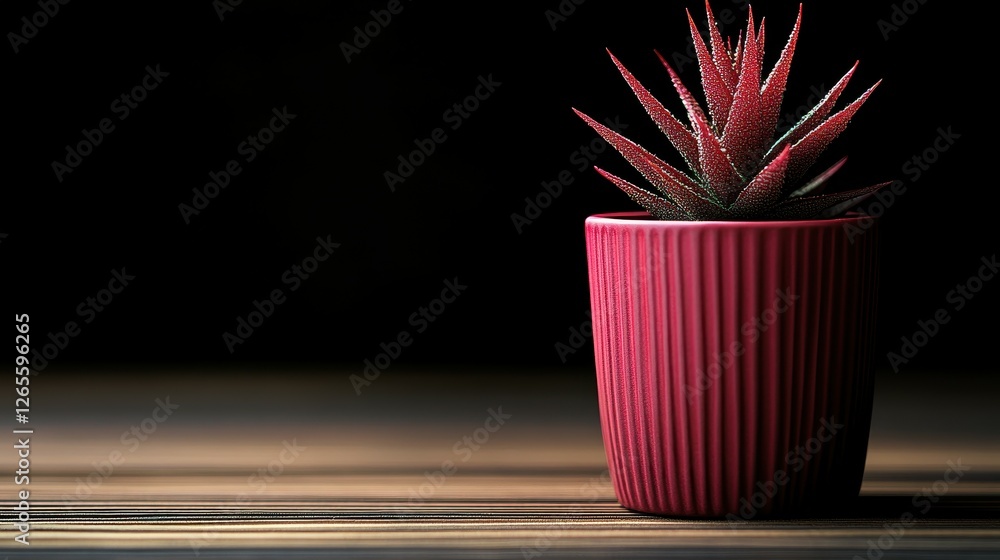 Poster a small red plant in a pink pot sits on a wooden table. the plant is a cactus and is the only thing 