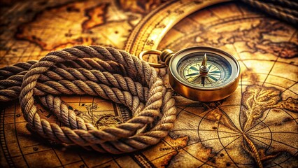 Antique Compass & Rope on 1732 Vintage Map - Exploration & Navigation Stock Photo