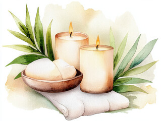 Calming spa scene with candles, soap, and green leaves in watercolor style