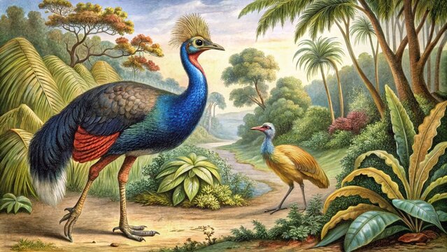 Antique Engraving: Ostrich & Cassowary Birds, 1840s Ornithological Illustration, Digitally Restored