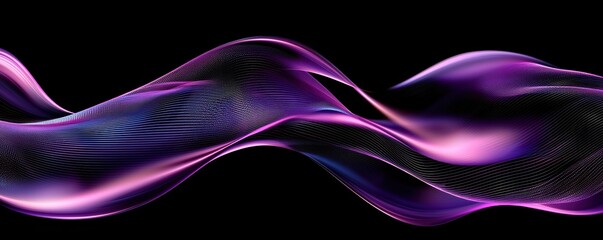 Obraz premium Neon-infused abstract wave pattern, dynamic swirling mesh lines with a deep purple-to-blue gradient, elegant digital fluid motion, ultra-detailed visualization