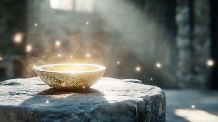 Arcane knowledge: ancient glowing bowl on stone altar for mystical rituals, fantasy illustrations, and esoteric-themed designs, for Spiritual Websites, Meditation Apps and Educational Content