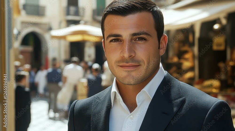Poster a man in a suit and tie is standing in front of a crowd of people. he is smiling and looking at the 