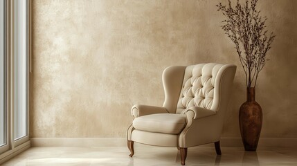 Cream armchair beside window and vase with dried plants