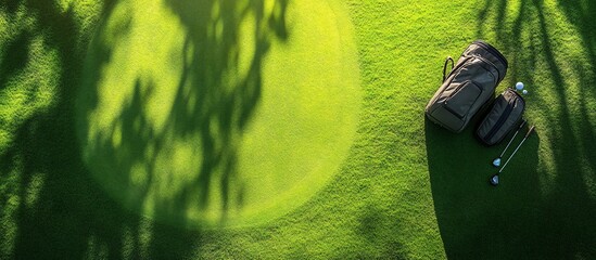 Golf bags and clubs resting on a lush green course under dappled sunlight, serene setting
