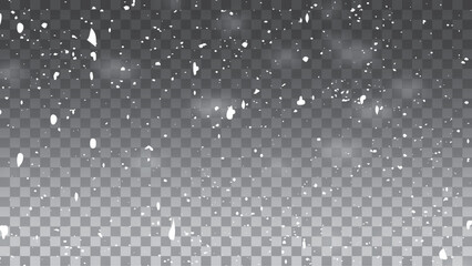 Falling snow on a transparent background. Abstract snowflake background for your winter design. Vector illustration. 
