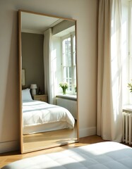 a mirror in a hotel room shows the reflection of the room