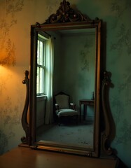 a mirror in a hotel room shows the reflection of the room