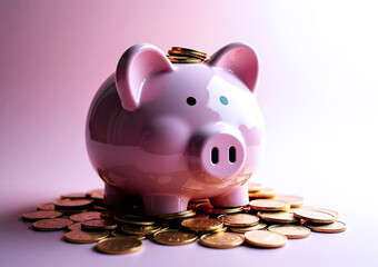Pink piggy bank overflowing with golden coins, symbolizing financial growth and prosperity. Save for your future!