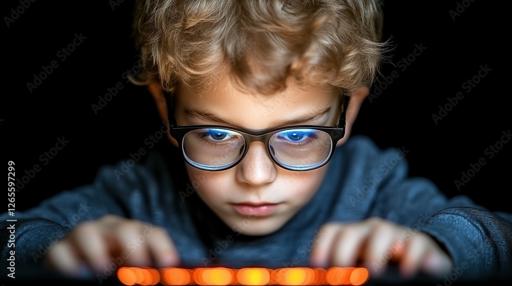 Poster a young boy wearing glasses is looking at a computer keyboard. concept of focus and concentration as