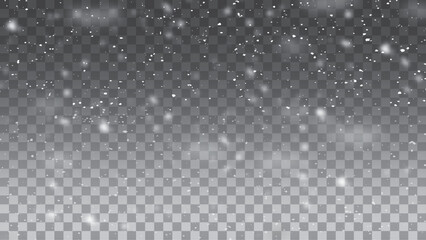 Falling snow on a transparent background. Abstract snowflake background for your winter design. Vector illustration. 