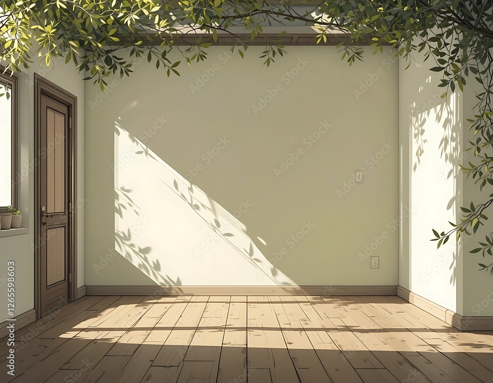Poster sun-drenched room with overhanging foliage casting leafy shadow patterns