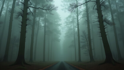 Obraz premium Mysterious foggy forest path lined with tall trees creating an eerie atmosphere