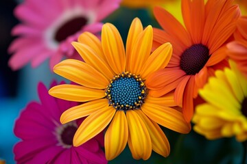 Fototapeta premium Vibrant yellow and orange daisies surrounded by colorful blossoms in full bloom