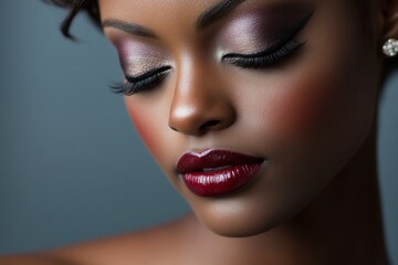 Naklejka premium Elegant african female with glamorous makeup and closed eyes