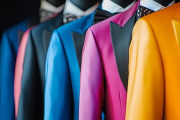 Vibrant multicolored tuxedos in a fashionable display