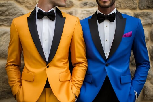 Two stylish caucasian males in yellow and blue tuxedos with bow ties