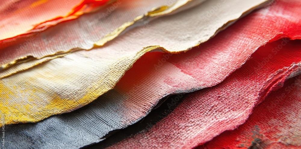 Poster layered and textured colorful fabric or paper stack with rough edges