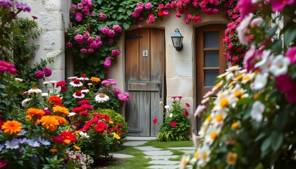 Fototapeta premium Enchanting Floral Garden with Roses and Charming Wooden Doors