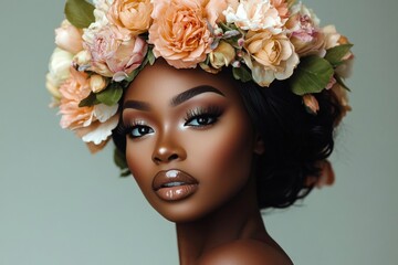 Naklejka premium Elegant portrait of african female adult with floral headpiece