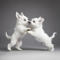 Natural ultra-realistic high-definition full-body studio photograph of two purebred West Highland White Terrier puppies playfully chasing each other with lively expressions 