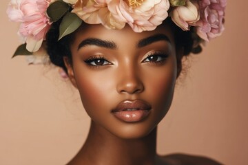 Naklejka premium Portrait of young african female with floral headpiece and flawless skin