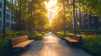 Fototapeta premium Peaceful Urban Green Spaces with Serene Walkways and Benches in Afternoon Sunlight