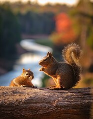 dos ardillas macho y hembra sobre un tronco grande tumbado en el suelo, mirando el bosque, con un rio