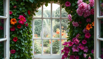 Naklejka premium Floral View: A Window to a Blossom-Filled Garden