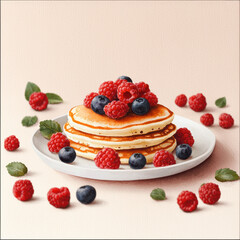 Delicious fluffy pancakes stacked high, topped with fresh raspberries and blueberries, perfect for a sweet breakfast or brunch treat. Valentine's Day