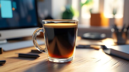 Warm Glass of Coffee on a Wooden Desk in a Creative Workspace