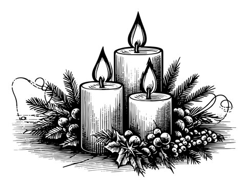 recommend clip art: festive candles with pine branches and berries holiday illustration