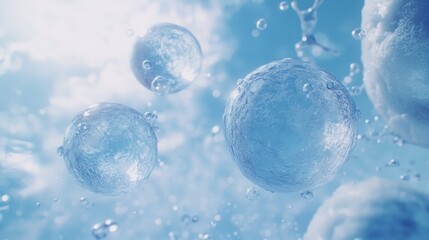 Ice spheres floating, splashing, sunny sky, pure water, cosmetic ad